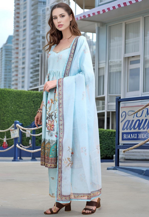 Amazing Aqua Color Linen Fabric Designer Suit