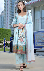 Amazing Aqua Color Linen Fabric Designer Suit