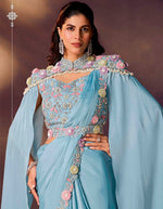 Lovely Aqua Color Satin Fabric Readymade Saree