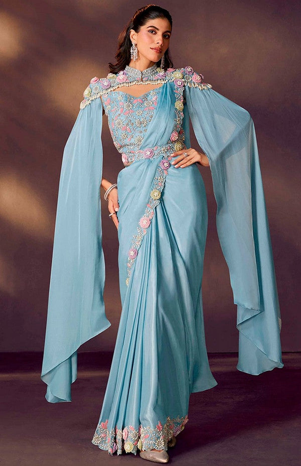 Lovely Aqua Color Satin Fabric Readymade Saree