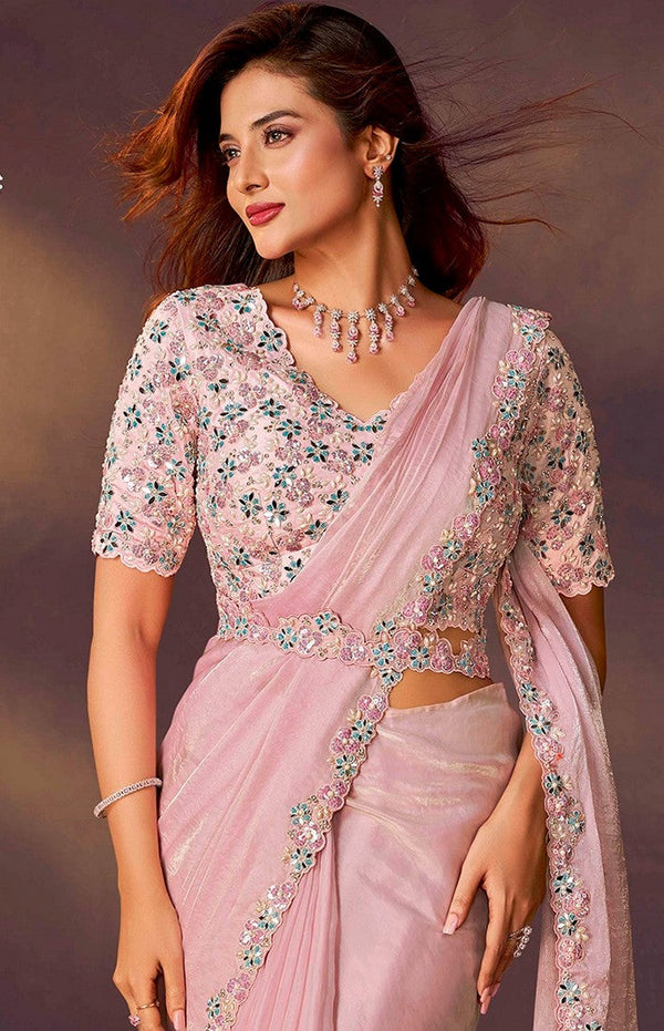Lovely Pink Color Satin Fabric Readymade Saree