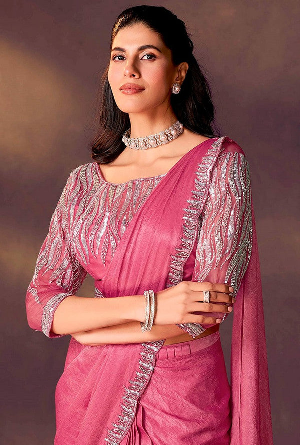 Lovely Pink Color Satin Fabric Readymade Saree