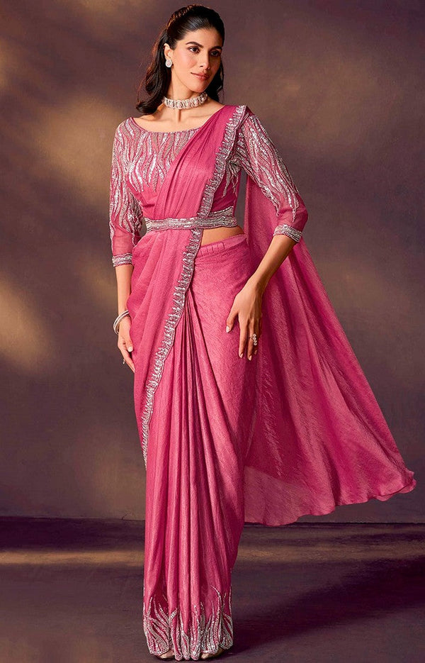 Lovely Pink Color Satin Fabric Readymade Saree