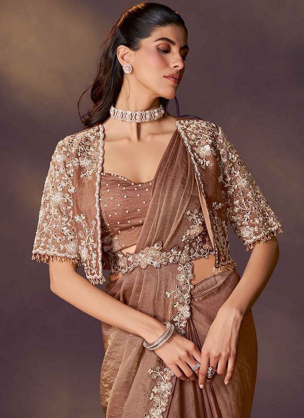 Lovely Brown Color Satin Fabric Readymade Saree