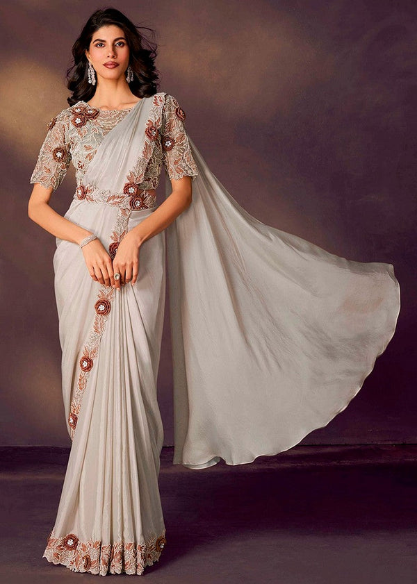 Lovely Cream Color Satin Fabric Readymade Saree