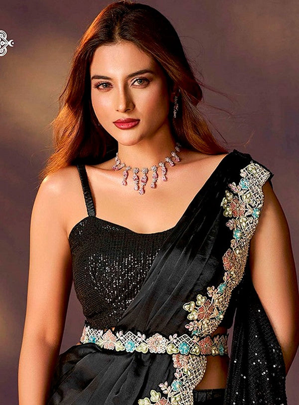 Lovely Black Color Satin Fabric Readymade Saree