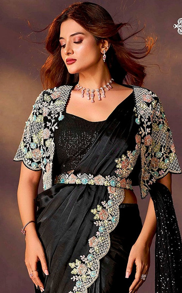 Lovely Black Color Satin Fabric Readymade Saree