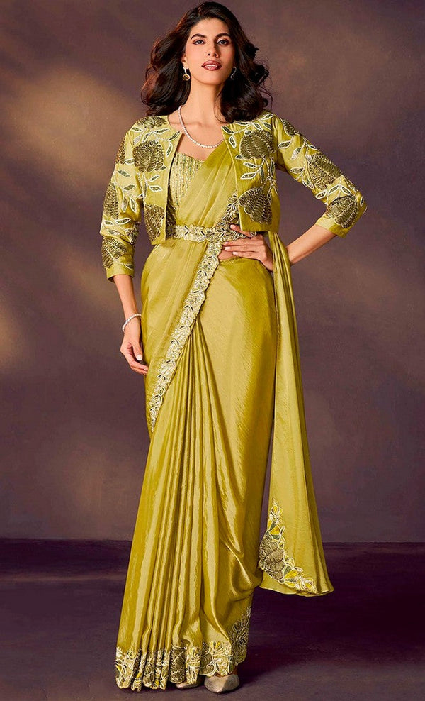 Lovely Green Color Satin Fabric Readymade Saree