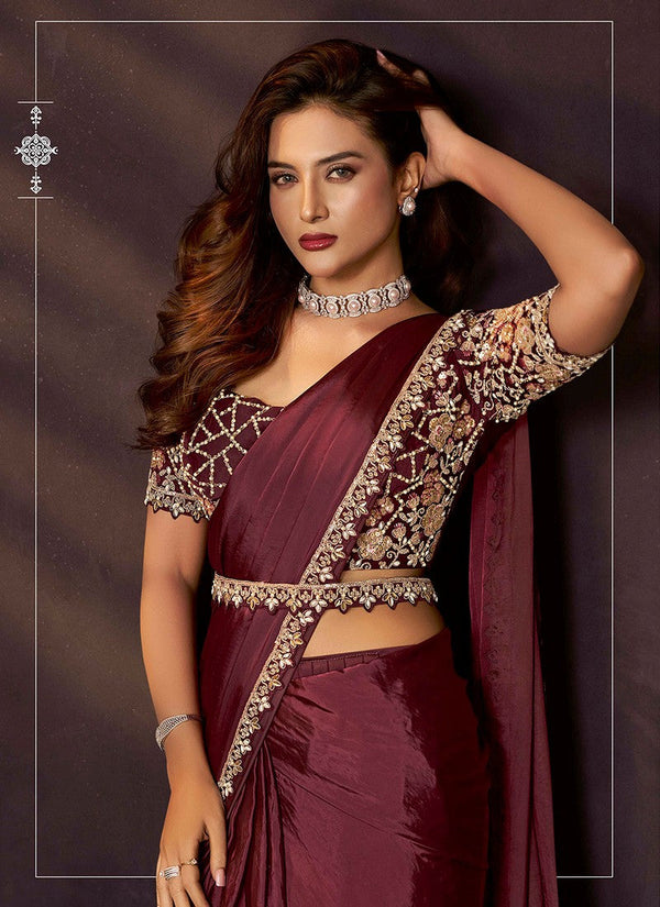 Lovely Maroon Color Silk Fabric Readymade Saree