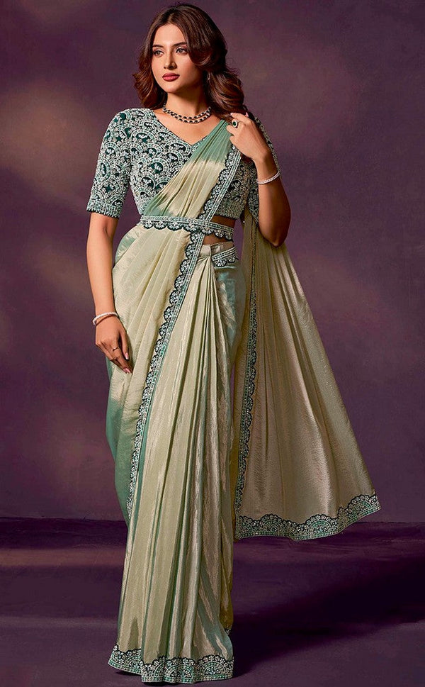 Lovely Green Color Satin Fabric Readymade Saree