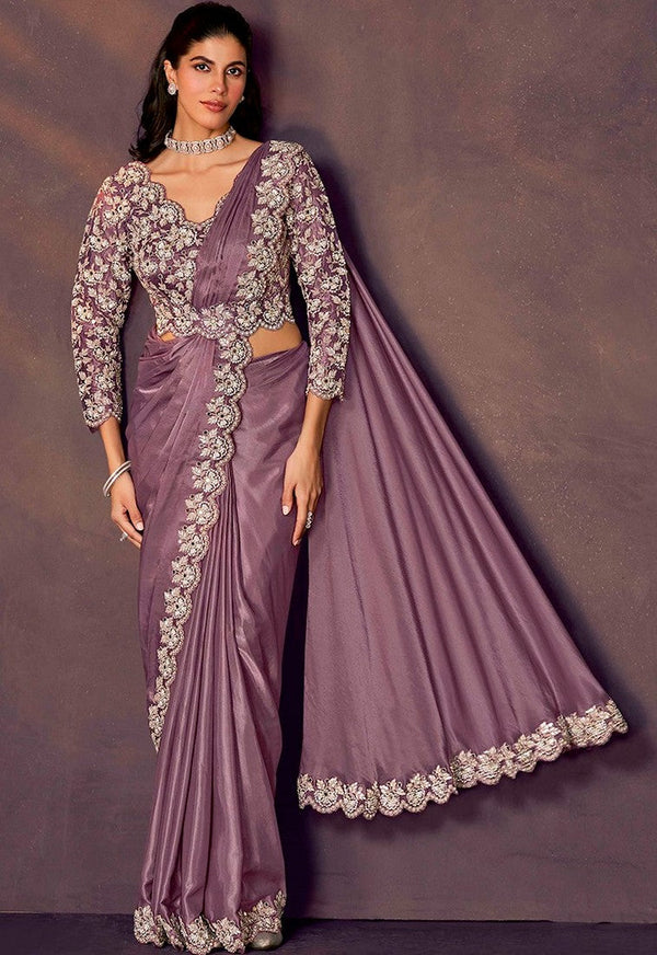 Lovely Purple Color Satin Fabric Readymade Saree