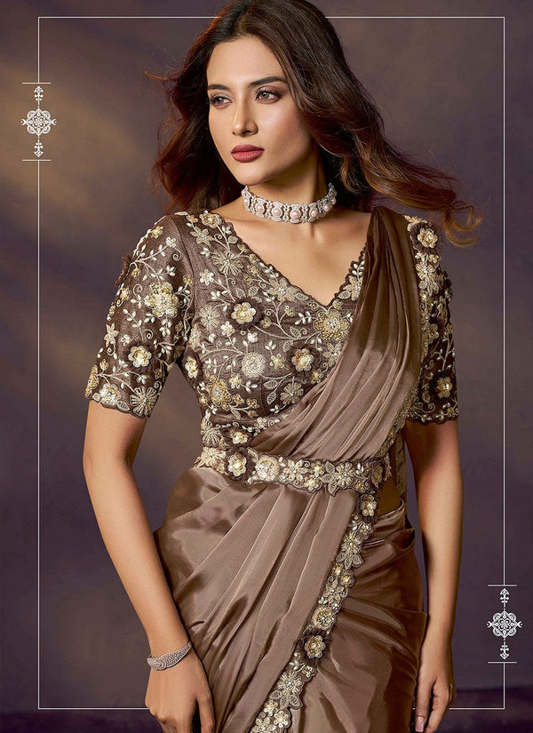 Lovely Brown Color Silk Fabric Readymade Saree