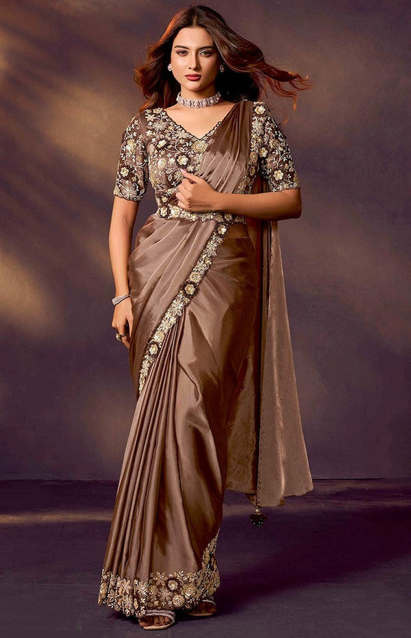 Lovely Brown Color Silk Fabric Readymade Saree