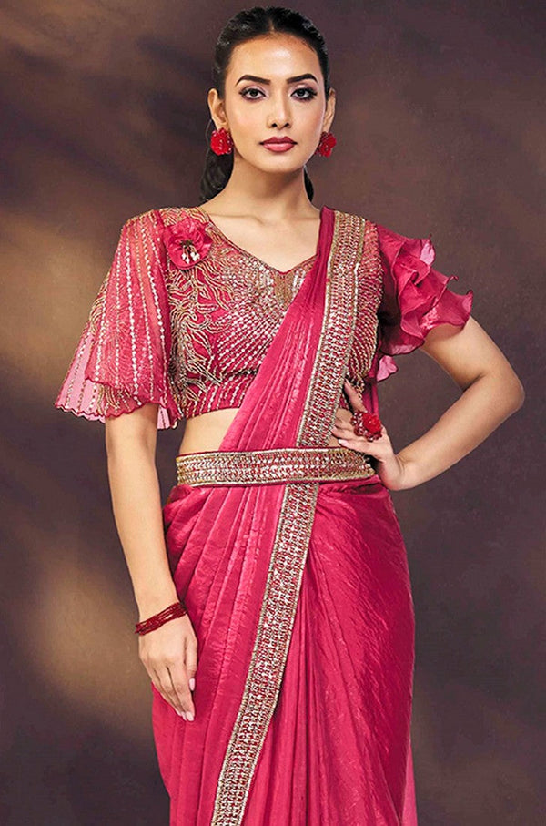 Lovely Pink Color Satin Fabric Readymade Saree