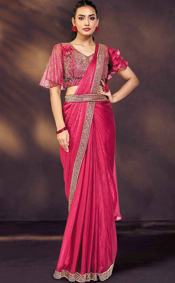 Lovely Pink Color Satin Fabric Readymade Saree