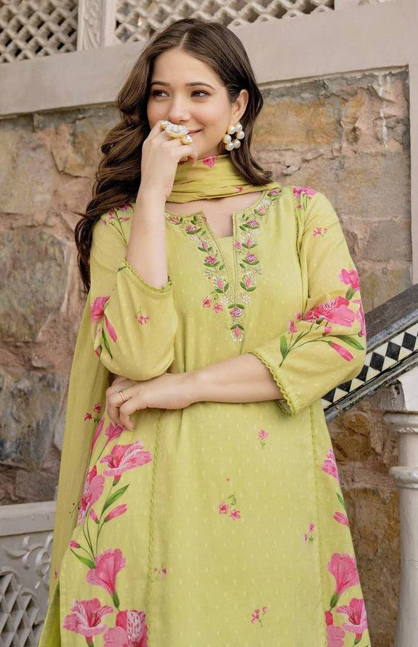 Beautiful Green Color Chanderi  Fabric Casual Suit