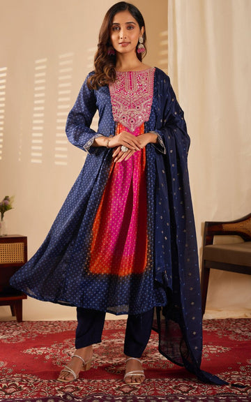 Beautiful Navy Blue Color Chinon Fabric Casual Suit
