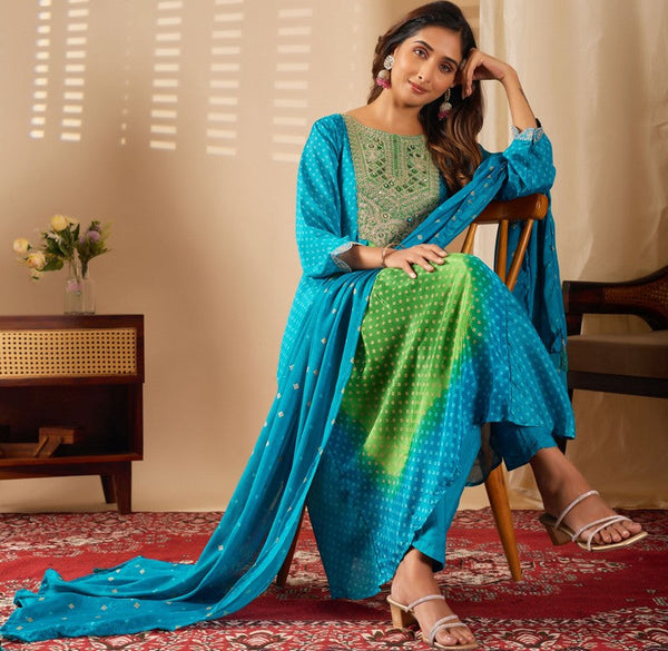 Beautiful Turquoise Color Chinon Fabric Casual Suit