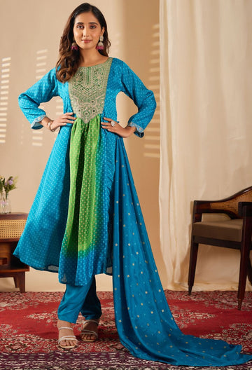 Beautiful Turquoise Color Chinon Fabric Casual Suit