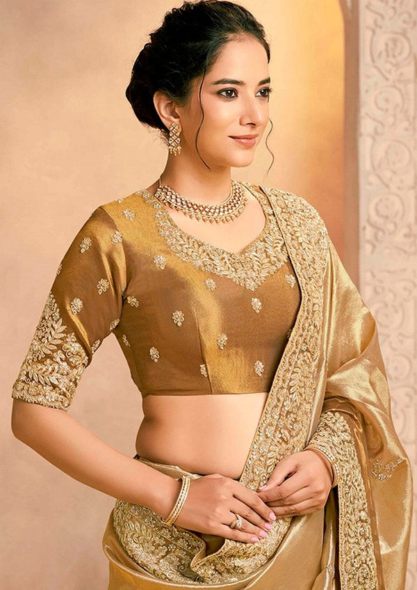 Lovely Golden Color Silk Fabric Partywear Saree