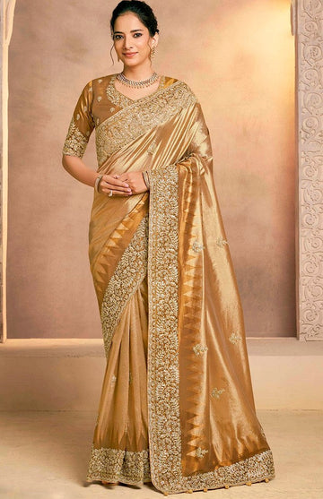 Lovely Golden Color Silk Fabric Partywear Saree