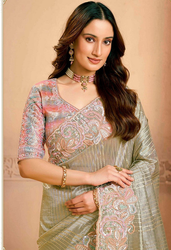 Lovely Green Color Tissue Fabric Partywear Saree