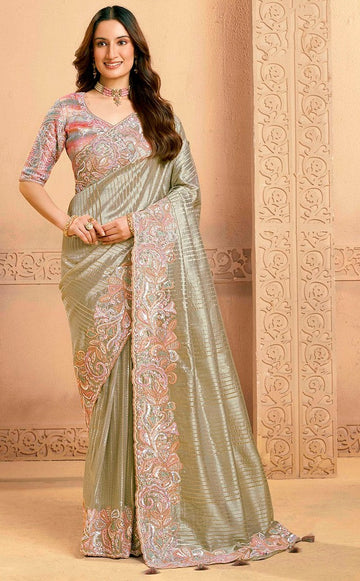 Lovely Green Color Tissue Fabric Partywear Saree