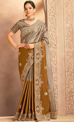 Lovely Golden Color Silk Fabric Partywear Saree