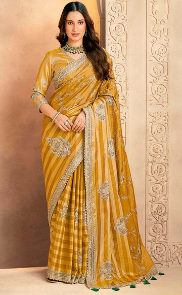 Lovely Mustard Color Silk Fabric Partywear Saree