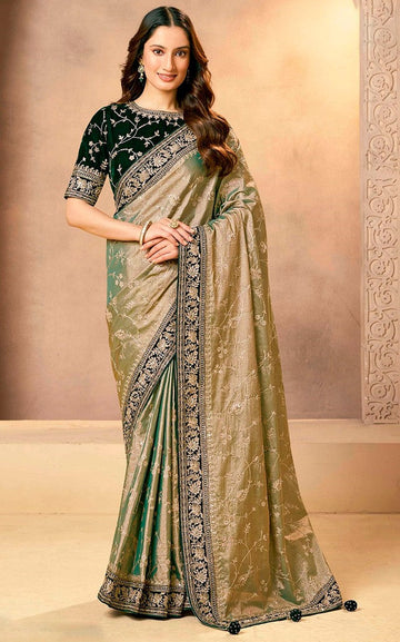 Lovely Green Color Silk Fabric Partywear Saree