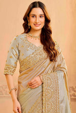 Lovely Silver Color Silk Fabric Partywear Saree