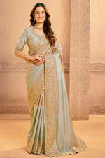 Lovely Silver Color Silk Fabric Partywear Saree