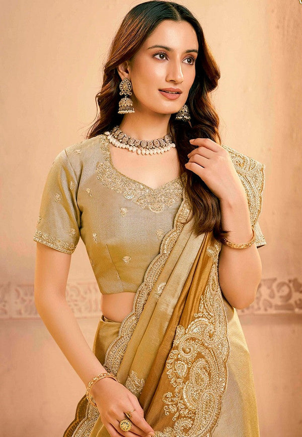 Lovely Golden Color Silk Fabric Partywear Saree