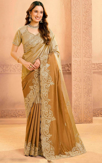 Lovely Golden Color Silk Fabric Partywear Saree