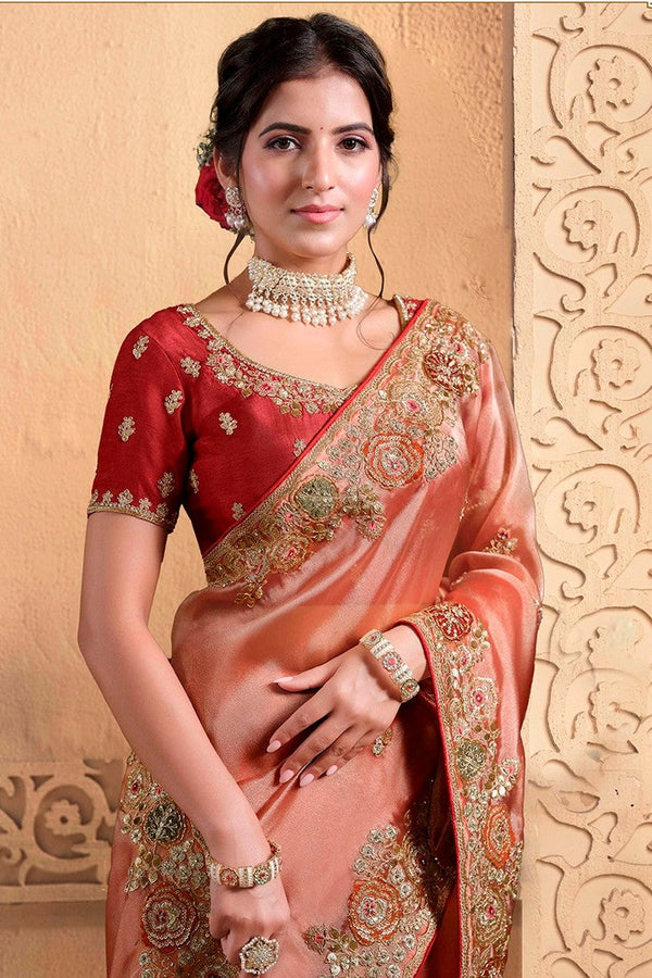 Lovely Orange Color Tissue Fabric Partywear Saree