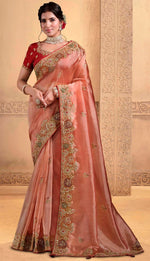 Lovely Orange Color Tissue Fabric Partywear Saree