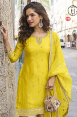 Beautiful Yellow Color Chinon Fabric Plazzo Suit