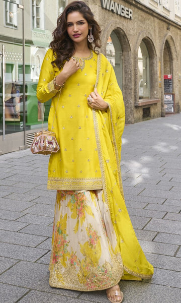 Beautiful Yellow Color Chinon Fabric Plazzo Suit