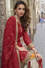 Beautiful Red Color Chinon Fabric Plazzo Suit