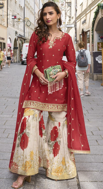 Beautiful Red Color Chinon Fabric Plazzo Suit
