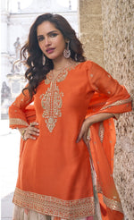 Beautiful Orange Color Chinon Fabric Plazzo Suit
