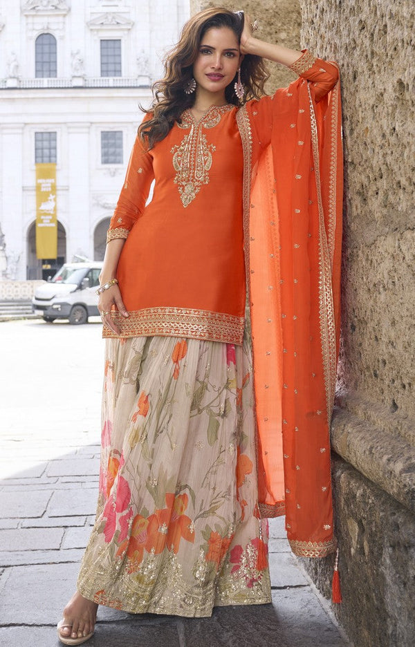 Beautiful Orange Color Chinon Fabric Plazzo Suit