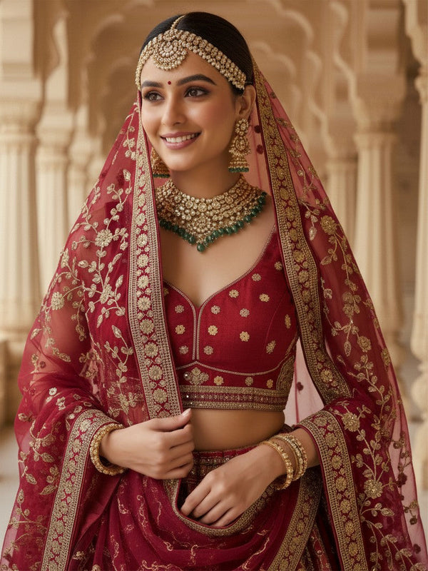 Charming Red Color Silk Fabric Wedding Lehenga