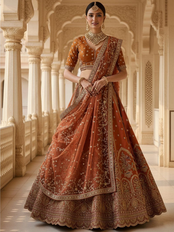 Charming Orange Color Silk Fabric Wedding Lehenga