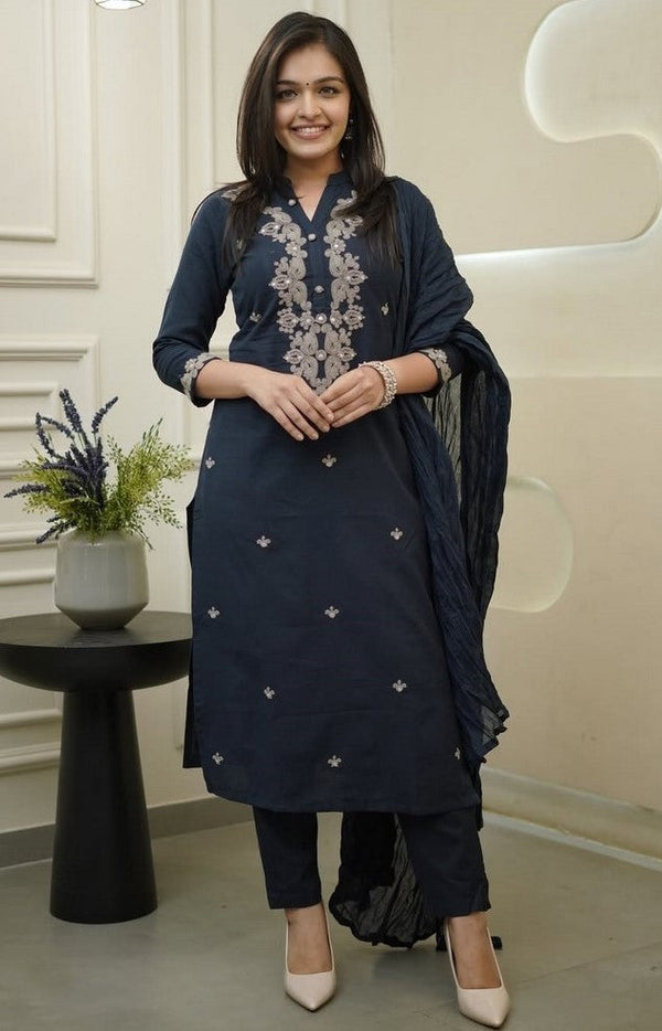 Pretty Navy Blue Color Viscose Fabric Designer Suit