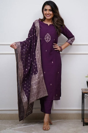 Pretty Wine Color Viscose Fabric Designer Suit