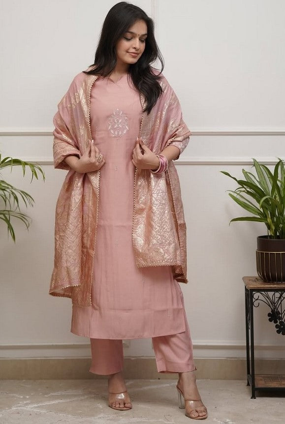 Pretty Peach Color Viscose Fabric Designer Suit