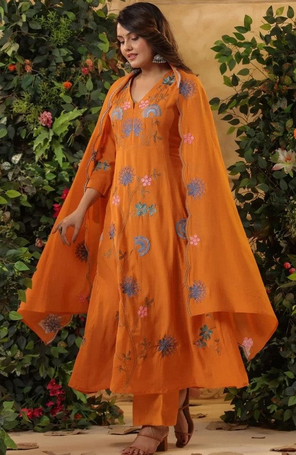Pretty Orange Color Viscose Fabric Designer Suit