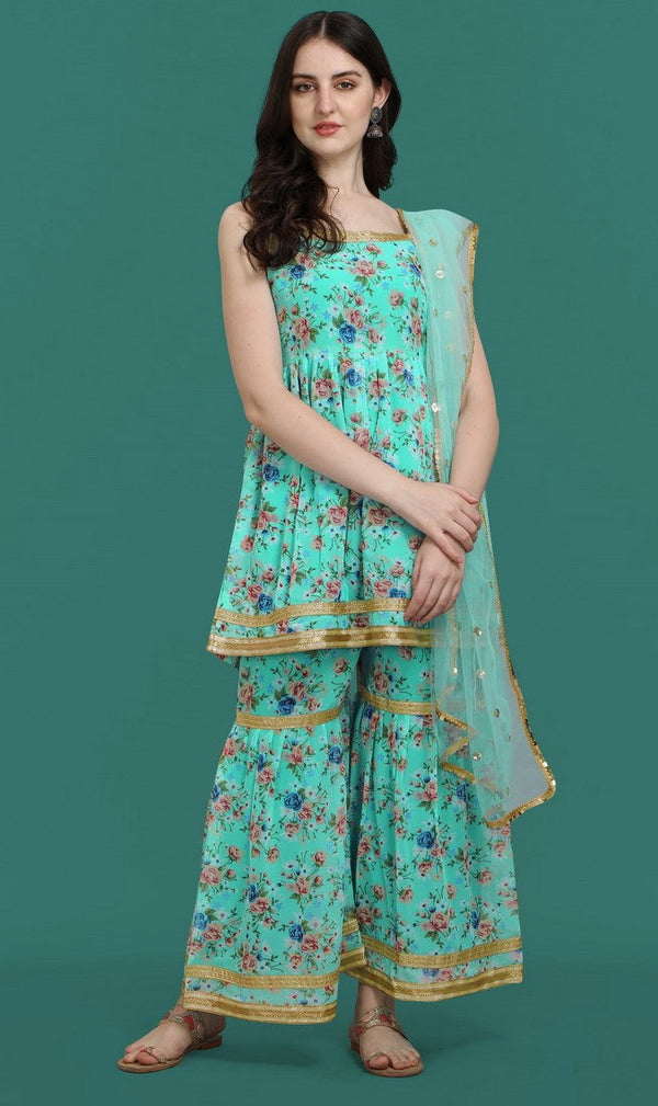 Dazzling Turquoise Color Georgette Fabric Sharara Suit