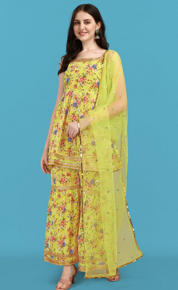 Dazzling Yellow Color Georgette Fabric Sharara Suit